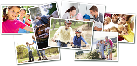 Colage de fotos de familias realizando actividades saludables